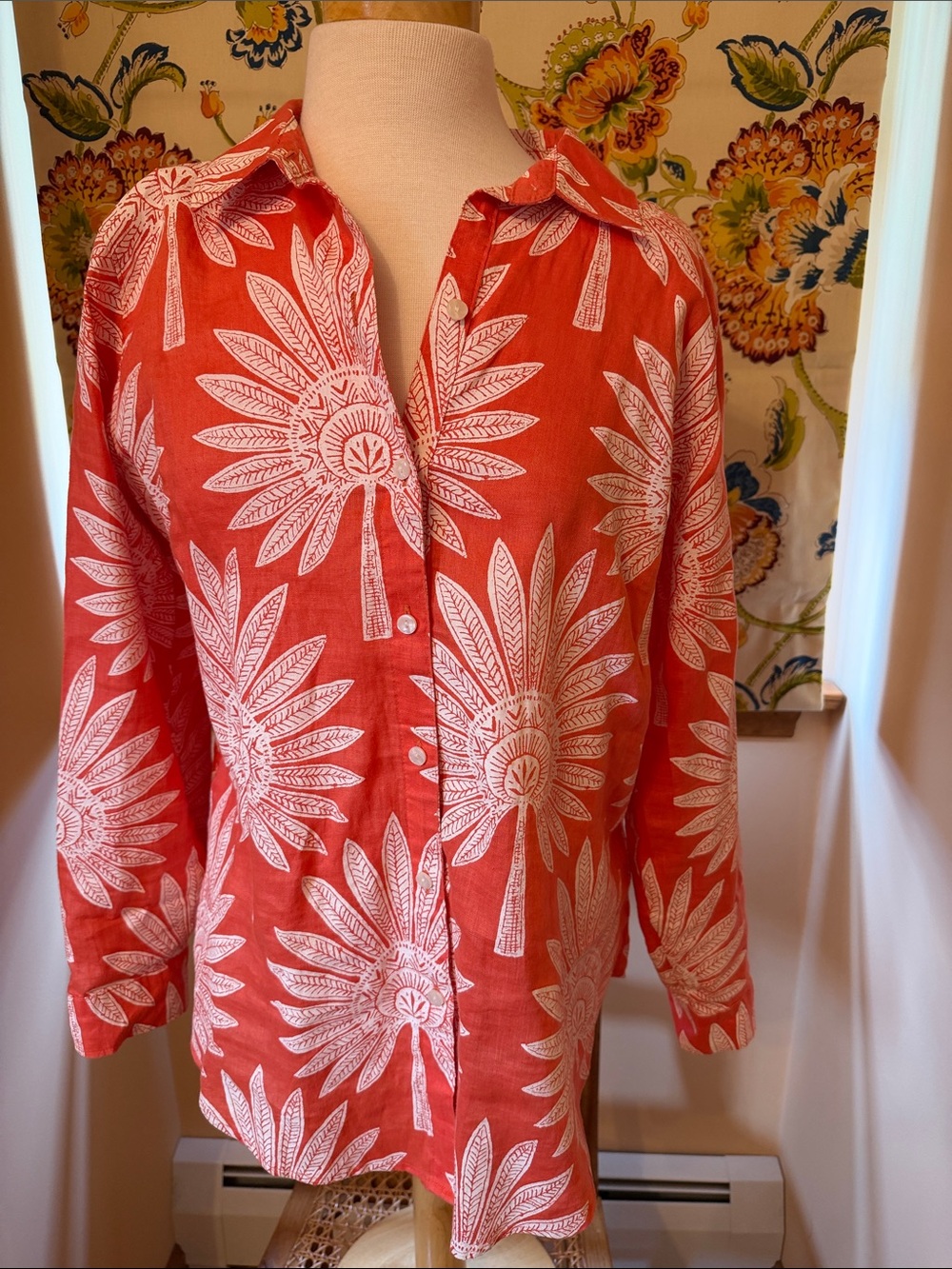 Spartina - Women's Coral Floral Button-Front Shirt - Lightweight Long Sleeve